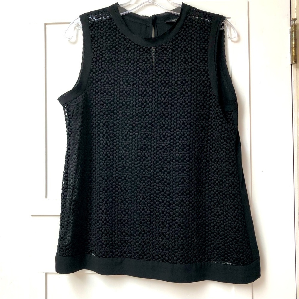 Banana Republic black lace dot front sleeveless top solid  back chiffon S